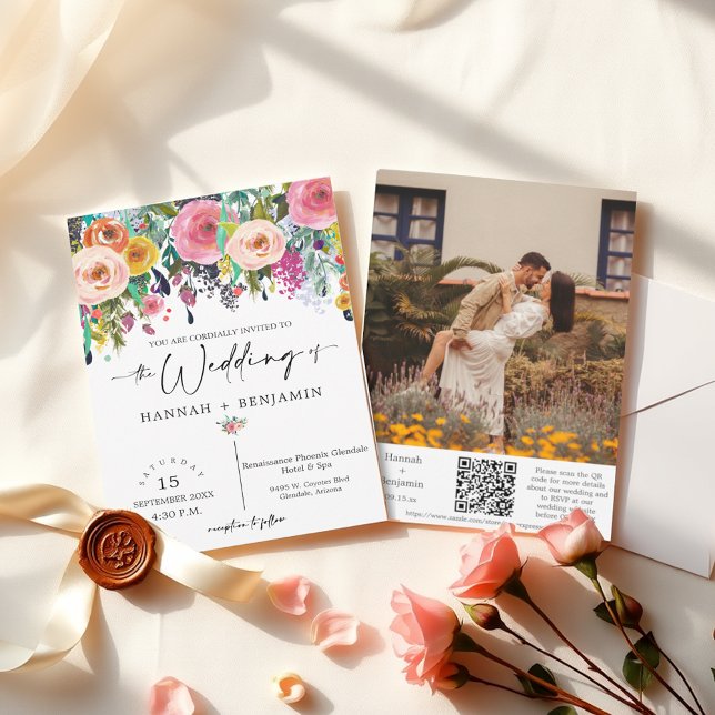 Romantischer Fall Floral Wedding Arch Foto QR Code Einladung (Von Creator hochgeladen)