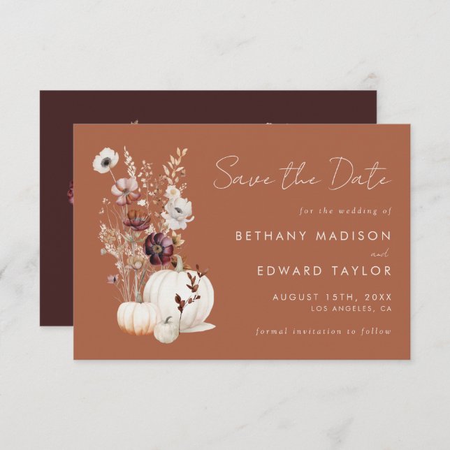 Romantischer Fall Terracotta Wildblume Hochzeit Save The Date (Vorne/Hinten)