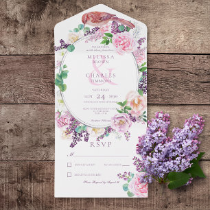 Romantischer Flieder- und Rosa-Blumen-Ovalrahmen O All In One Einladung