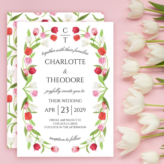 Romantischer Frühling Tulip Blumenrosa & Weiße Hoc Einladung (Romantic Spring Tulip Floral Pink & White Wedding Invitation)
