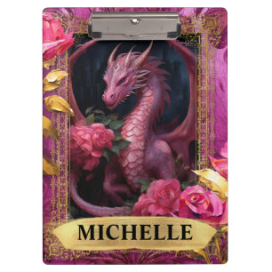 Romantischer Fuchsia-Drache und Rosen-Fantasy Klemmbrett
