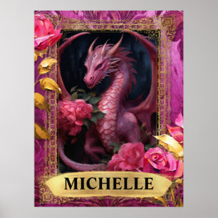 Romantischer Fuchsia-Drache und Rosen-Fantasy Poster
