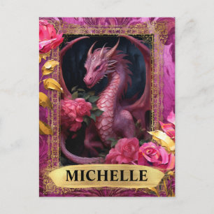 Romantischer Fuchsia-Drache und Rosen-Fantasy Postkarte