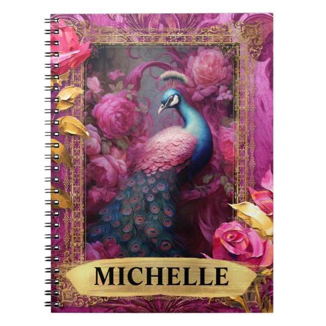 Romantischer Fuchsia-Pfau und Rose Fantasie Notizblock (Vorderseite)
