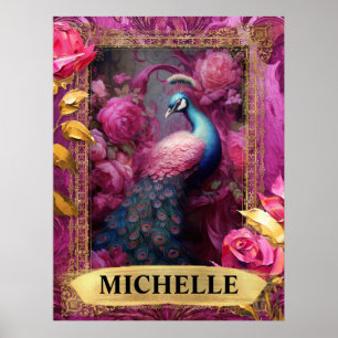 Romantischer Fuchsia-Pfau und Rosen-Fantasie Poster