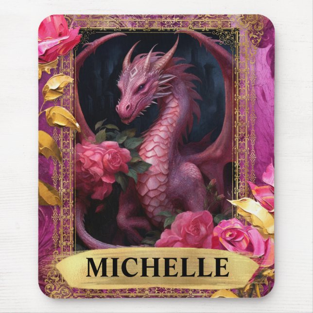 Romantischer Fuchsien-Drache und Rosen-Fantasy Mousepad (Vorne)
