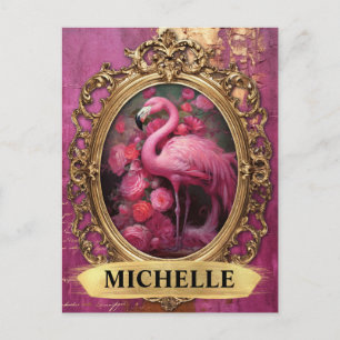 Romantischer Fuchsien-Flamingo und Rosen Postkarte