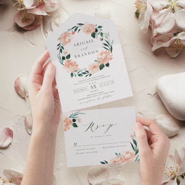 Romantischer Garten Blumenstrauß Hochzeit im Garte All In One Einladung (Romantic garden peach floral wreath wedding all in all in one invitation)