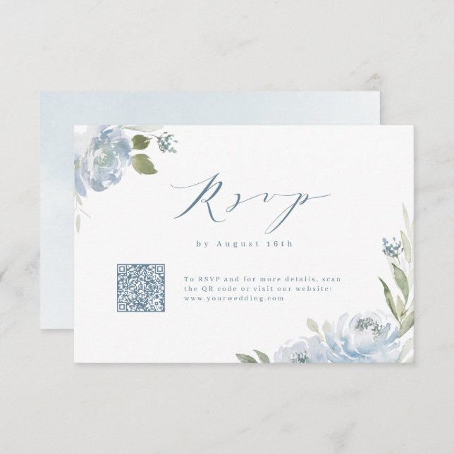 Romantischer Garten dusty Blue Blues Hochzeit QR-C RSVP Karte (Vorne/Hinten)