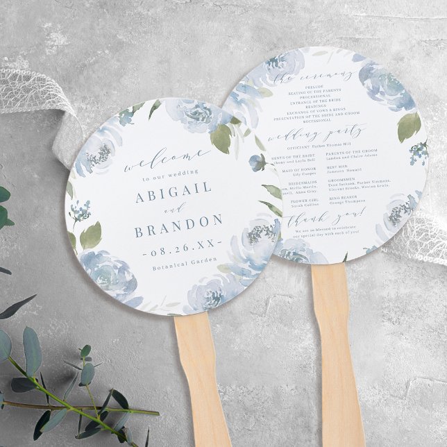 Romantischer Garten dusty Blue Blues Hochzeitsprog Fächer (Romantic garden dusty blue floral wedding Program Hand Fan)