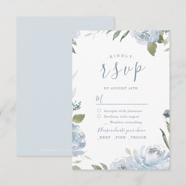 Romantischer Garten dusty Blue Blumen Hochzeit RSV RSVP Karte (Vorne/Hinten)