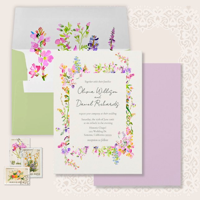 Romantischer Garten Florale Hochzeit  Einladung (Garden Wildflowers Watercolor Wedding Invitation Suite.)
