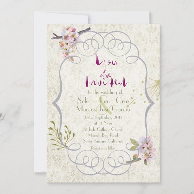 Romantischer Garten Magenta Extravagante Hochzeit  Einladung (Vorderseite)