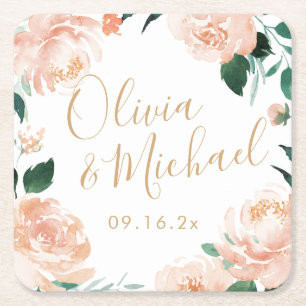 Romantischer Garten Peach Aquarell Hochzeit Rechteckiger Pappuntersetzer