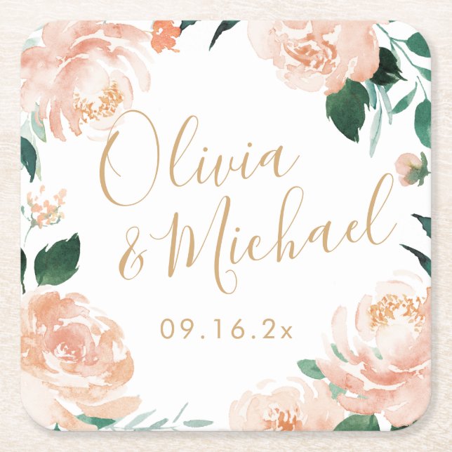 Romantischer Garten Peach Aquarell Hochzeit Rechteckiger Pappuntersetzer (Vorderseite)