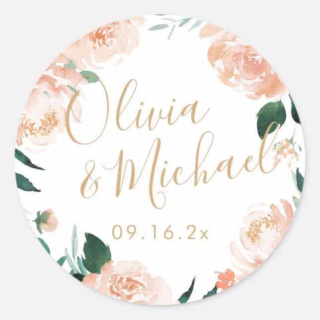 Romantischer Garten Peach Aquarell Hochzeit Runder Aufkleber (Vorderseite)