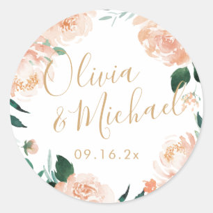 Romantischer Garten Peach Aquarell Hochzeit Runder Aufkleber