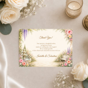 Romantischer Gartenenfontein Eleganz Hochzeit Dankeskarte