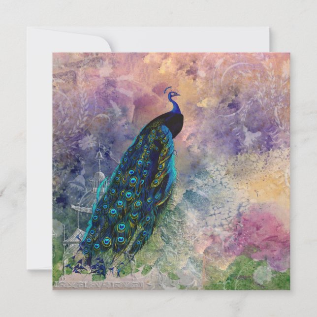 Romantischer Gazebo Pfau und Wasserfarbe Einladung (Vorderseite)