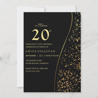 Romantischer Goldener Glitzer 20. Schwarzer Geburt Einladung