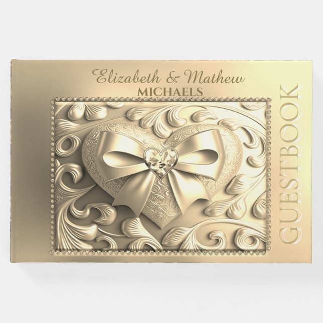 Romantischer Goldherz Satin Bow Gästebuch (Vorderseite)