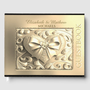 Romantischer Goldherz Satin Bow Gästebuch