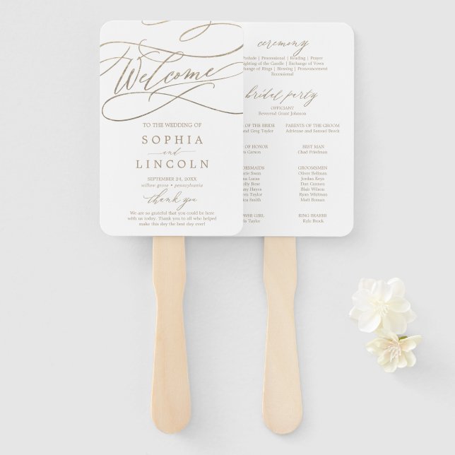 Romantischer Goldkalligrafie-Hochzeitsfan Fächer (Vorne und Hinten)