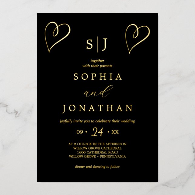 Romantischer Goldschmied | Black Monogram Wedding Folieneinladung (Vorderseite)