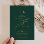 Romantischer Goldschmied | Emerald Monogram Weddin Folieneinladung<br><div class="desc">Diese romantische Goldfolie smaragdmonogramm Hochzeitseinladung ist perfekt für eine einfache Hochzeit. Das moderne klassische Design besticht durch extravagante Wirbel und skurrile Schnörkel mit prächtigen,  eleganten,  handgezeichneten Goldfolien,  geprägt durch eine Typografie auf dunkelgrünen Hintergrund.</div>