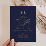 Romantischer Goldschmied | Navy Blue Monogram Wedd Folieneinladung<br><div class="desc">Diese romantische Goldfolie marineblau monogramm Hochzeitseinladung ist perfekt für eine einfache Hochzeit. Das moderne klassische Design besticht durch extravagante Wirbel und skurrile Schnörkel mit prächtiger,  eleganter,  handgezeichneter Goldfolie,  geprägt von Typografie auf dunkelblauem Hintergrund.</div>