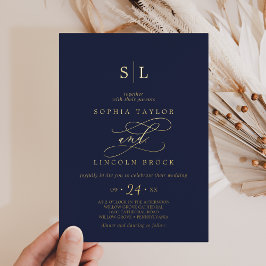 Romantischer Goldschmied | Navy Blue Monogram Wedd Folieneinladung