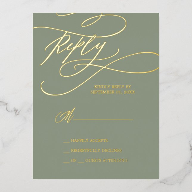 Romantischer Goldschmied | Sage Green Simple RSVP  Folie Einladungspostkarte (Vorderseite)