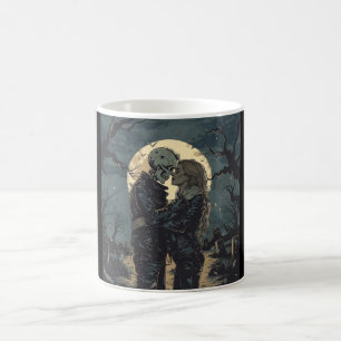 Romantischer gotischer Cartoon eines Skeletts und Kaffeetasse