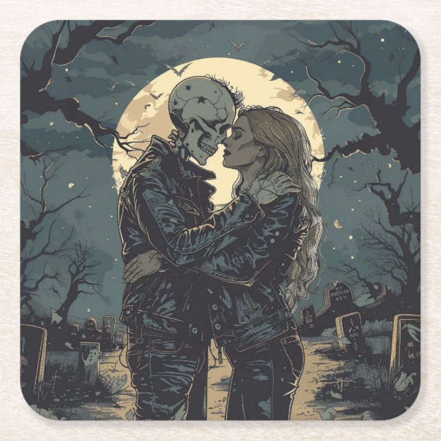 Romantischer gotischer Cartoon eines Skeletts und  Rechteckiger Pappuntersetzer (Vorderseite)