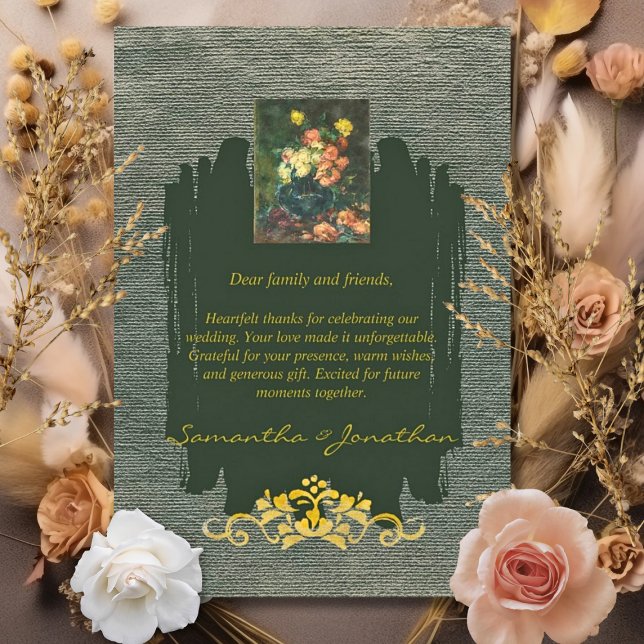 Romantischer Grün- und Gold-Vintager Blumenstil Dankeskarte (Von Creator hochgeladen)