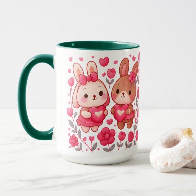Romantischer Hasen-Paar-Herz-Keramikbecher Tasse (Mit Donut)