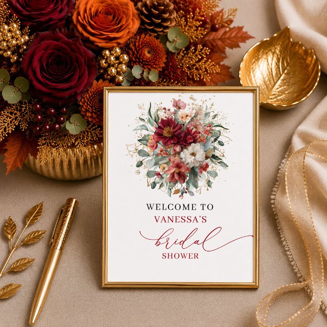 Romantischer Herbst-Marsala-Blumen-Brautjungfer-Em Poster (Romantic autumn marsala floral bridal shower welcome sign

)