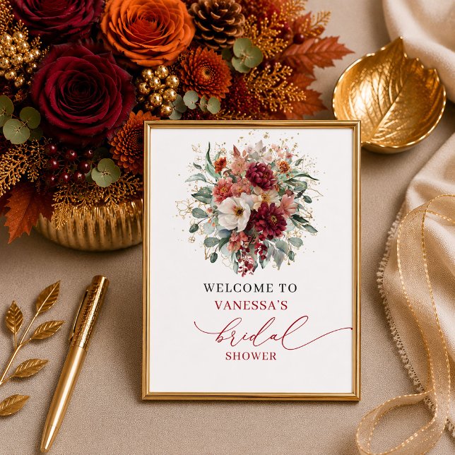 Romantischer Herbst-Marsala-Blumen-Brautjungfer-Em Poster (Romantic autumn marsala floral bridal shower welcome sign print

)