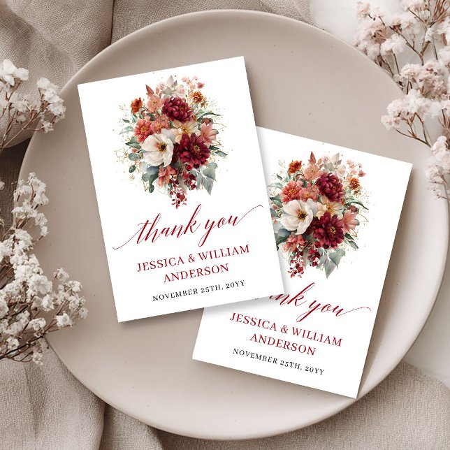 Romantischer Herbst Marsala Floral Hochzeit Danke  (Romantic Fall Marsala Floral Wedding Thank You Card

)