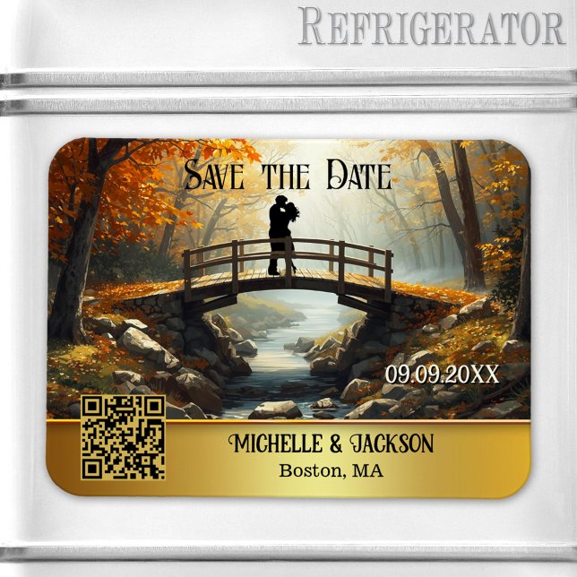Romantischer Herbstwald - Save-the-Date Magnet (Save the Date magnet featuring a painting of a couple on a bridge in a fall forest - with QR code)