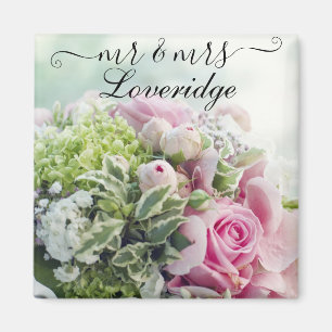 Romantischer Herr & Mrs. Pink Rose Floral Wedding Magnet