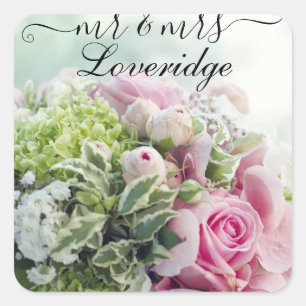 Romantischer Herr & Mrs. Pink Rose Floral Wedding Quadratischer Aufkleber