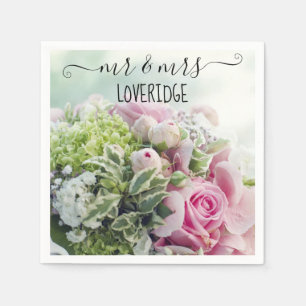Romantischer Herr & Mrs. Pink Rose Floral Wedding Serviette