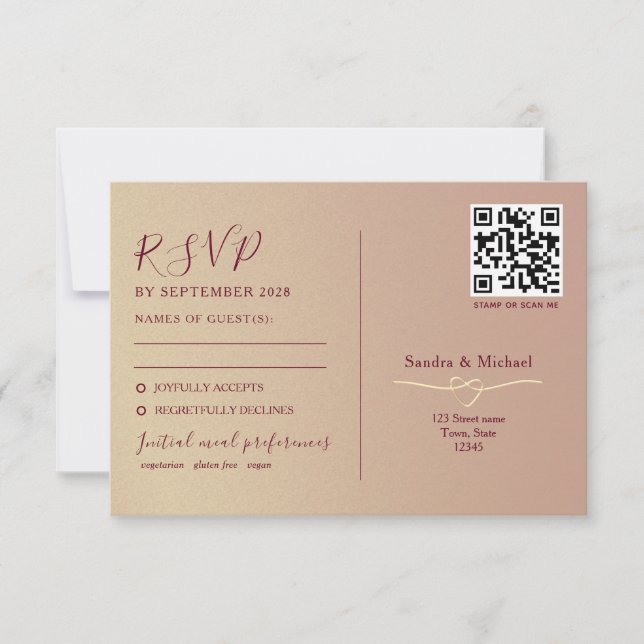 Romantischer Hochzeitcode mit zwei Funktionen RSVP Karte (Vorderseite)