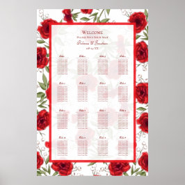Romantischer Hochzeits-Sitzplan mit roten Rosen Poster