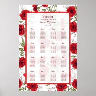 Romantischer Hochzeits-Sitzplan mit roten Rosen Poster