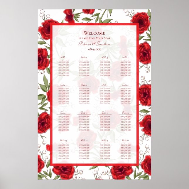 Romantischer Hochzeits-Sitzplan mit roten Rosen Poster (Vorne)