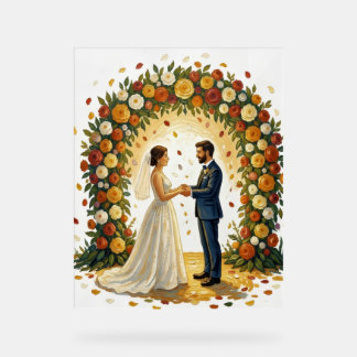 Romantischer Hochzeitsbogen mit goldenen Rosen für Acrylschild