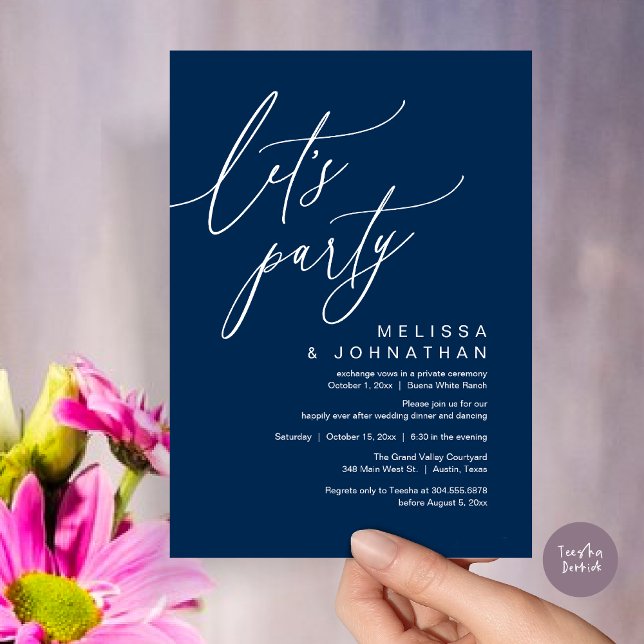 Romantischer Hochzeitstanz, Party Einladung (Let's Party, Romantic Charm Wedding Dinner Dancing Lunch Brunch Invitation Card PDF Navy Blue)