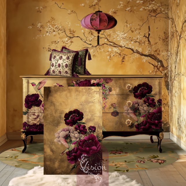 Romantischer Hummingbird & Burgund Floral auf Gold Seidenpapier (Romantic Hummingbird & Peony Floral, Gold leaf effect, Patina Background Decoupage Tissue Paper)